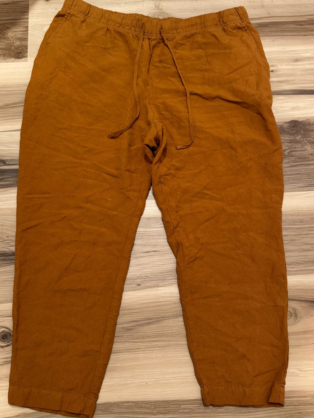 Women’s Linen Cropped Drawstring Pants Caramel Camel Brown Size XL